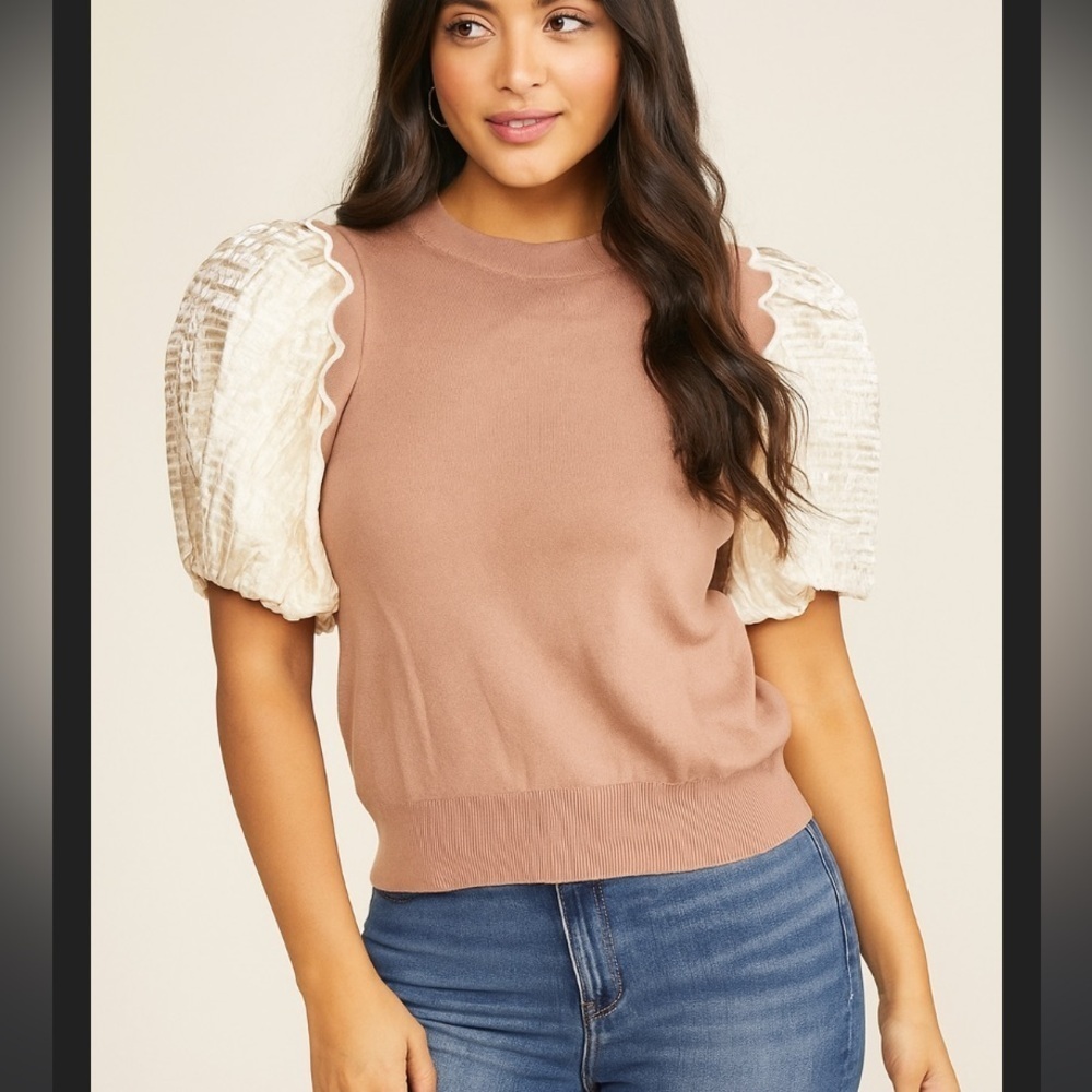 Ontwelfth tan satin poof sweater knit boho winter glam coquette small spring